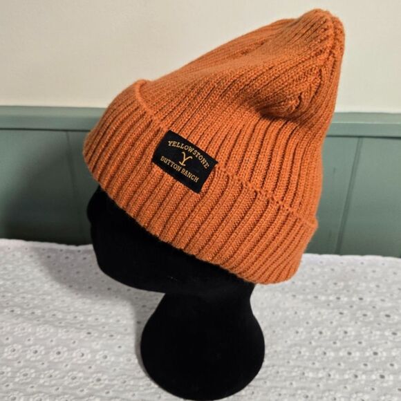 Yellowstone Dutton Ranch Ribbed Knit Beanie With Logo Patch Orange - Picture 2 of 4